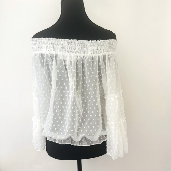 HL Affair Off the Shoulder Boho Peasant Blouson Top, White, Size M, NWT - Picture 4 of 11